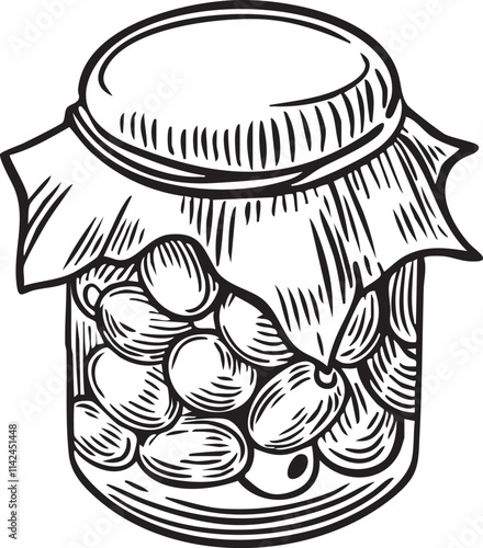 Glass jar of pickled olives engraved isolated on white background.