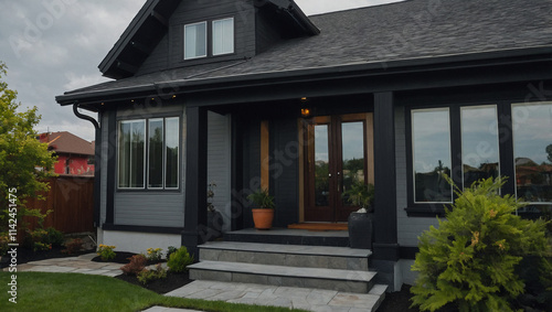 Wallpaper Mural Contemporary house with dark gray exterior, large windows, stone steps, and landscaping.  The front entrance features double doors and a covered porch.  The home has a gabled roof. Torontodigital.ca