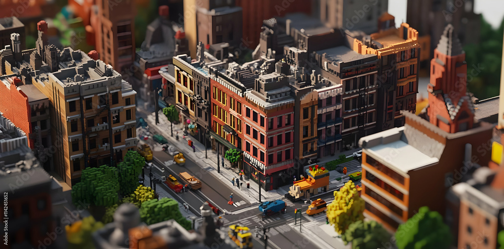 Obraz premium A detailed miniature cityscape featuring buildings, streets, and vehicles.