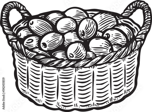 Traditional woven basket with olives vector illustration.