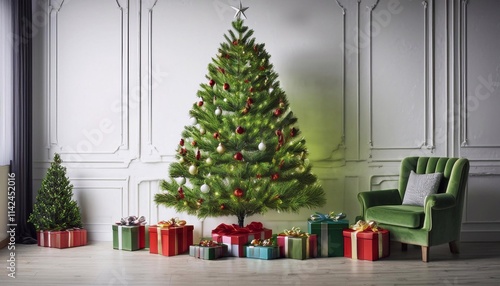 tree decorated for christmas, gifts in bright packages under the tree, against the background of a textured blue wall