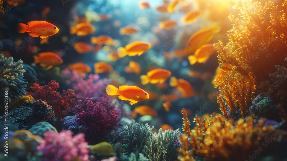 Naklejka premium Vibrant Coral Reef Fish School Sunlight Ocean Background Underwater Wallpaper.