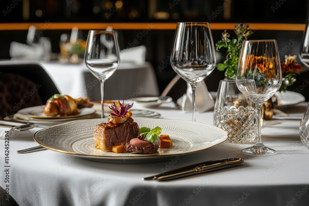 Gourmet dinner experience upscale restaurant food plating elegant setting close-up view culinary arts Gourmet dinner experience upscale restaurant food plating elegant setting close-up view culinary arts