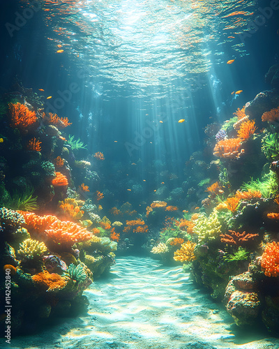 Fototapeta Naklejka Na Ścianę i Meble -  Vibrant coral reef underwater scene, sun rays, ocean floor, marine life, ideal for travel brochures.