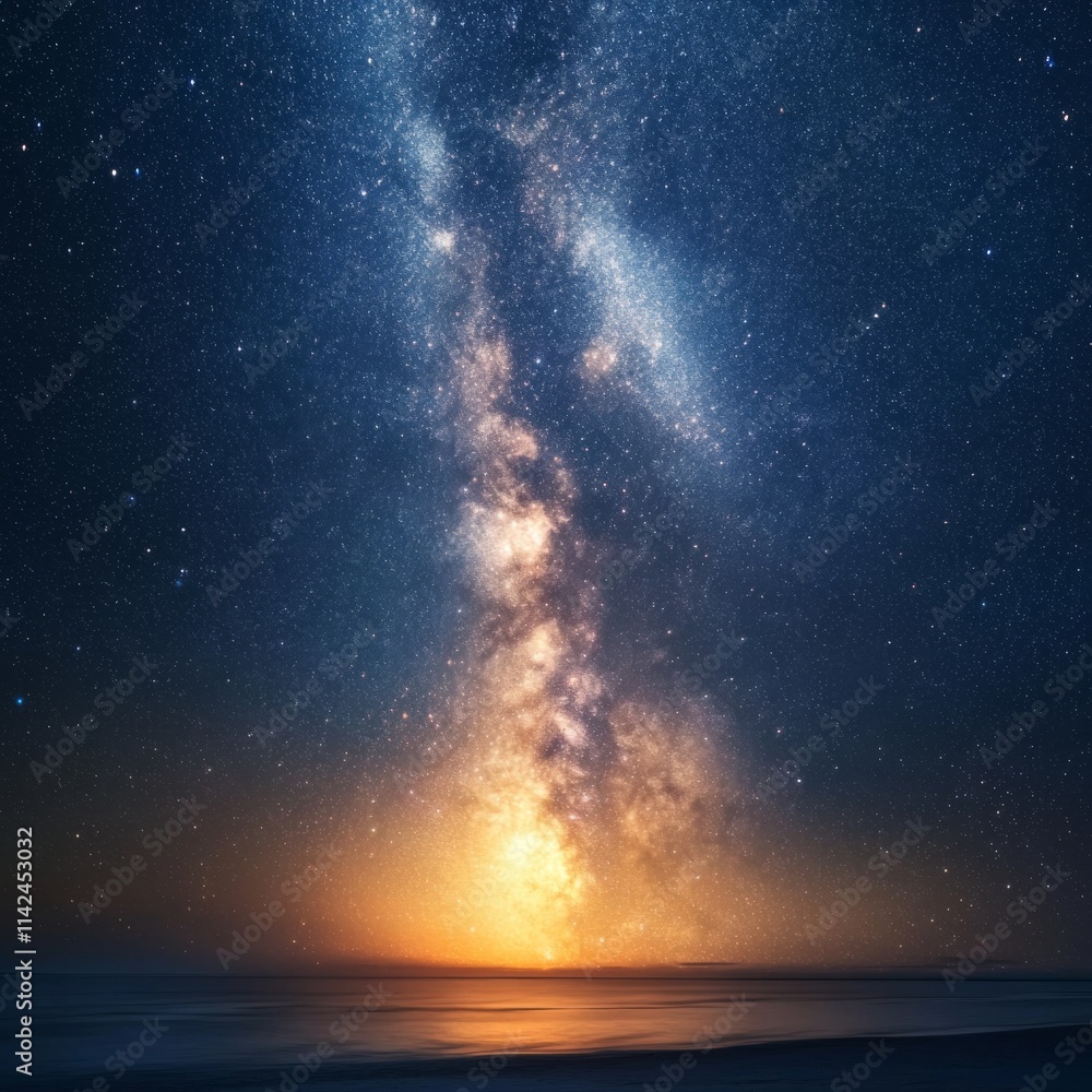 Fototapeta premium Stunning Night Sky with Milky Way Galaxy, Golden Stars, and Ethereal Cosmic Glow