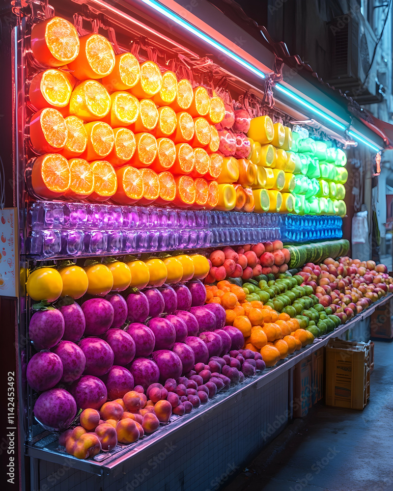custom made wallpaper toronto digitalVibrant Night Market Fruit Display, Hong Kong, Colorful Backstreet, Food Photography.