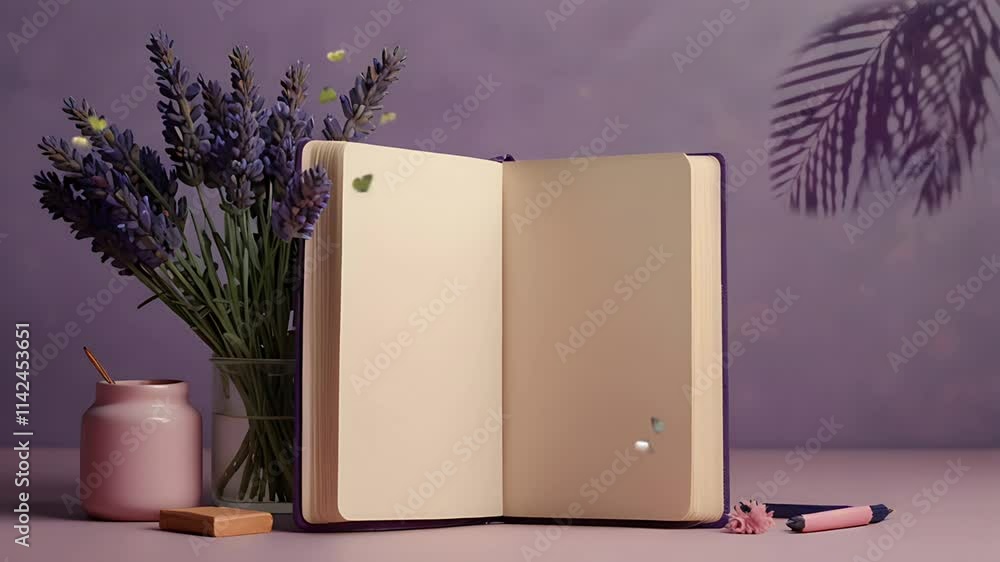 An open blank book with purple lavender flowers. Seamless 4K looping timelapse video animation background