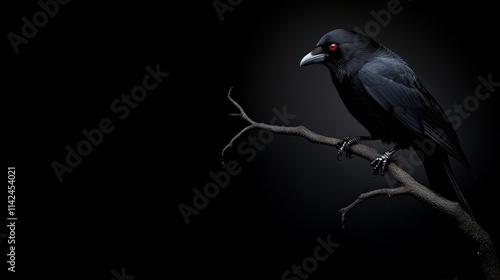 Raven on a Branch: A solitary raven with piercing red eyes perches on a bare branch against a stark black background, creating a dramatic and haunting silhouette.