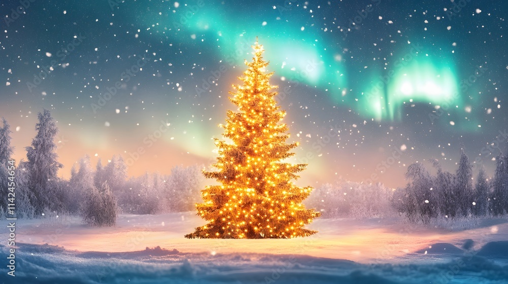 A front view of a glowing Christmas tree surrounded by snow, with northern lights illuminating the sky above A front view of a glowing Christmas tree surrounded by snow, with northern lights illuminating the sky above