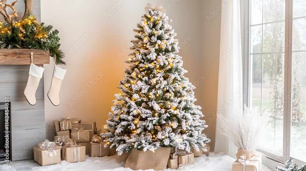 A front view of a rustic Christmas tree wrapped in burlap garlands and lit with soft yellow lights, surrounded by pure white snow A front view of a rustic Christmas tree wrapped in burlap garlands and lit with soft yellow lights, surrounded by pure white snow