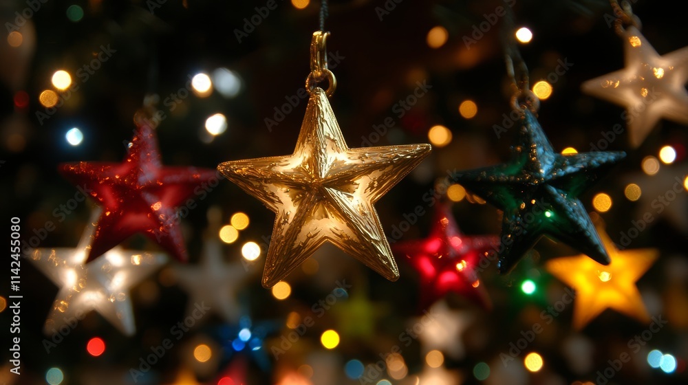 A festive display featuring numerous stars suspended from a string, illuminated by twinkling lights, creating a magical Christmas atmosphere. A festive display featuring numerous stars suspended from a string, illuminated by twinkling lights, creating a magical Christmas atmosphere.