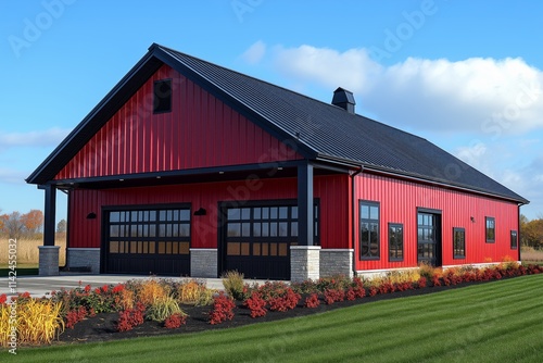 Red barn with black roof in open field, clear blue sky above. photo