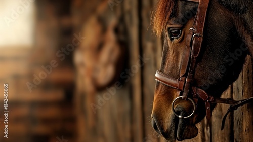 A close-up of a horse's head in a barn, showcasing its calm demeanor and detailed bridle against a rustic wooden background. photo