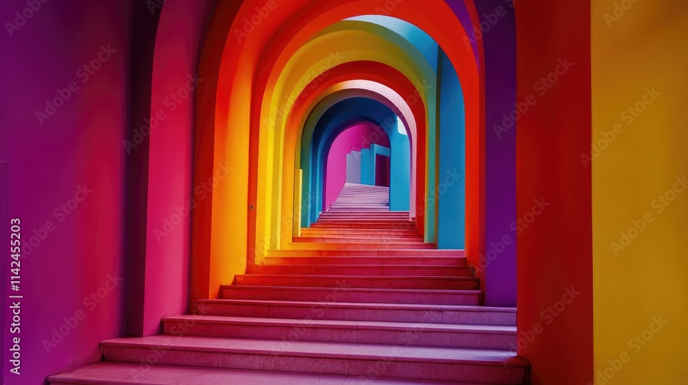 Vibrant Colored Staircase and Arches in Modern Design .Generative AI image Vibrant Colored Staircase and Arches in Modern Design .Generative AI image
