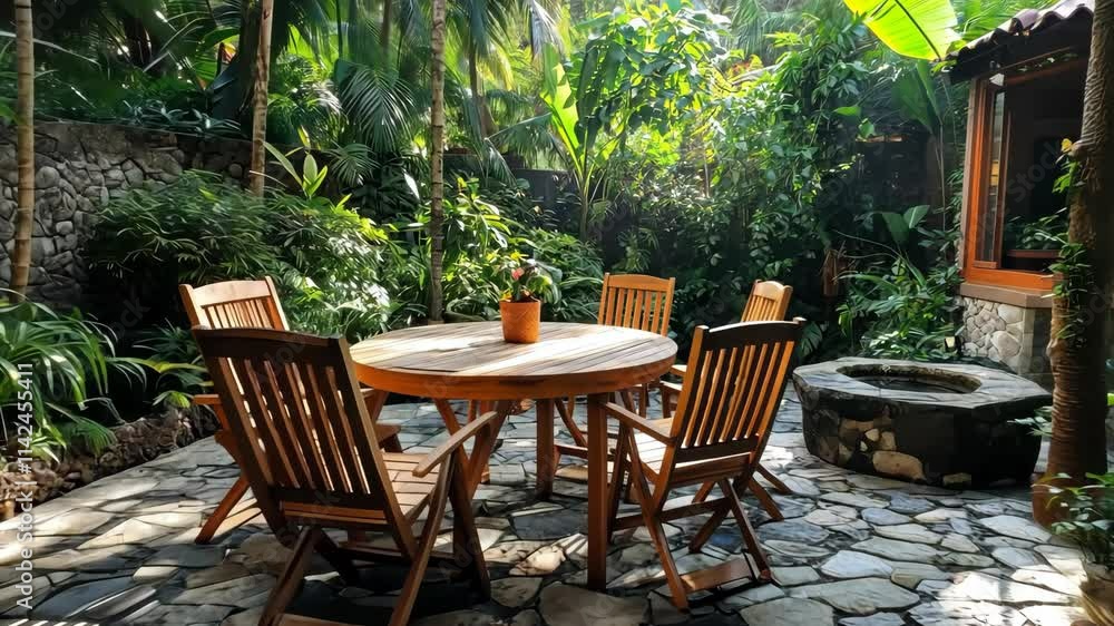 Teak outdoor table and chairs arranged on a stone patio, digital Teak outdoor table and chairs arranged on a stone patio, digital