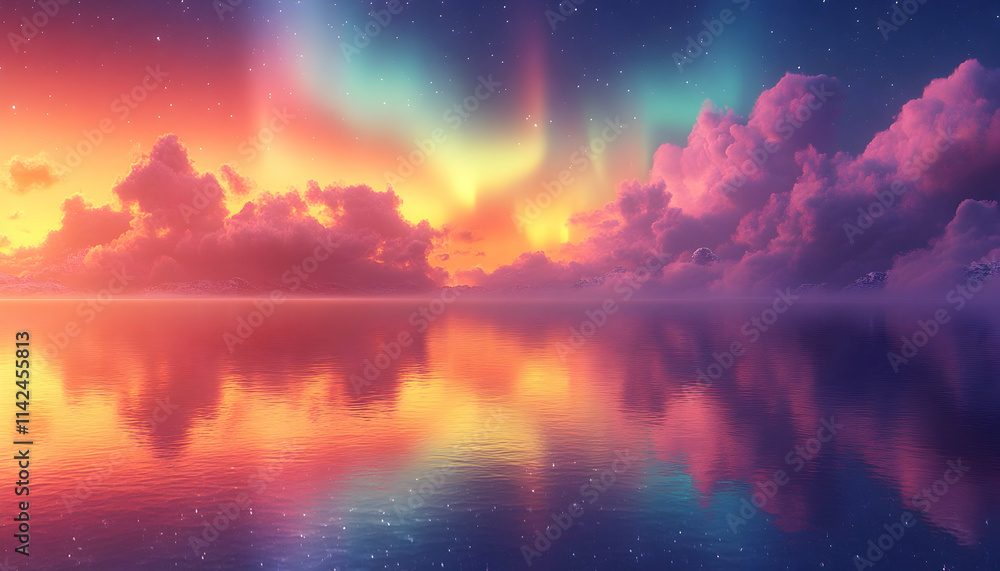 Naklejka premium Aurora borealis reflection, colorful sunset sky, calm sea, starry night, fantasy landscape, desktop wallpaper.