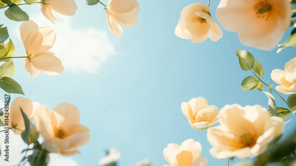 A large field of flowers against the blue sky, photographed from below. The petals and leaves form an arch that stretches across the entire frame, creating a symmetrical composition A large field of flowers against the blue sky, photographed from below. The petals and leaves form an arch that stretches across the entire frame, creating a symmetrical composition