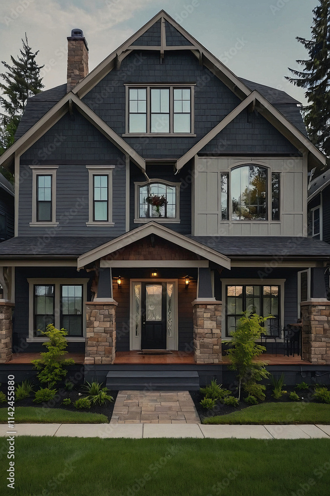 A two-story, dark-grey house with beige accents, brown front porch, and stone pillars. Landscaped lawn and walkway are visible. Windows are dark-framed. A two-story, dark-grey house with beige accents, brown front porch, and stone pillars. Landscaped lawn and walkway are visible. Windows are dark-framed.