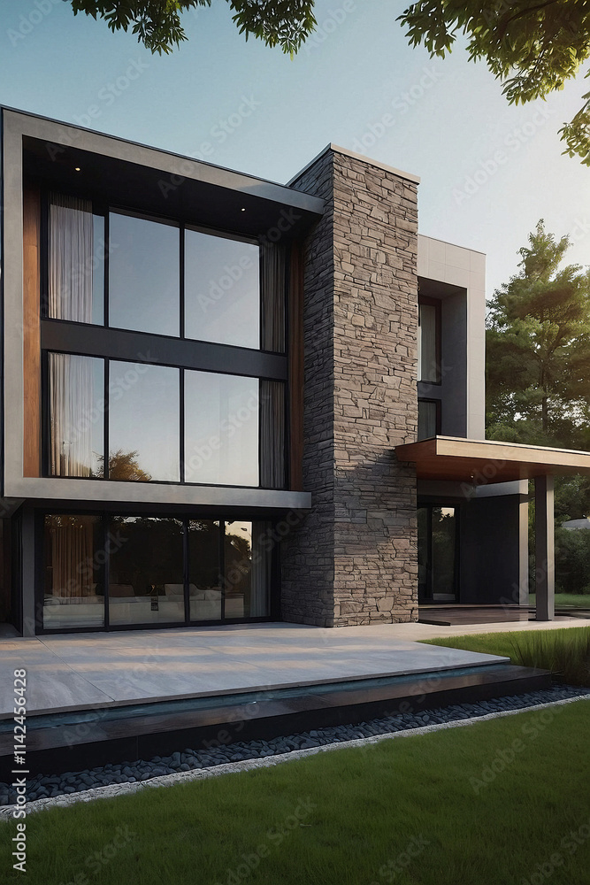 Modern house with gray stone facade, large windows, and a patio. The design features clean lines and a contemporary aesthetic. Landscaping includes a lawn and a low, rectangular water feature. Modern house with gray stone facade, large windows, and a patio. The design features clean lines and a contemporary aesthetic. Landscaping includes a lawn and a low, rectangular water feature.