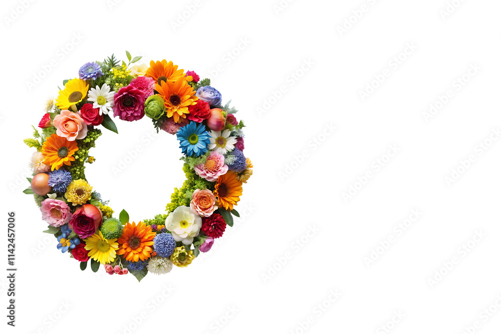 Vibrant Floral Wreath on White Background with Copy Space Vibrant Floral Wreath on White Background with Copy Space