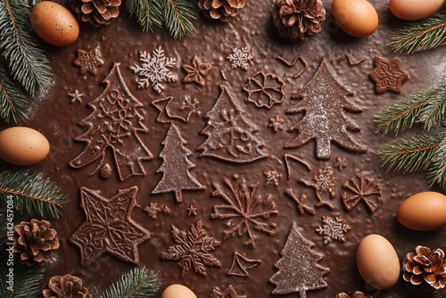 A kitchen table top view featuring cookie cutters, flour, a rolling pin, eggs, and a whisk, with a Christmas baking background. photo