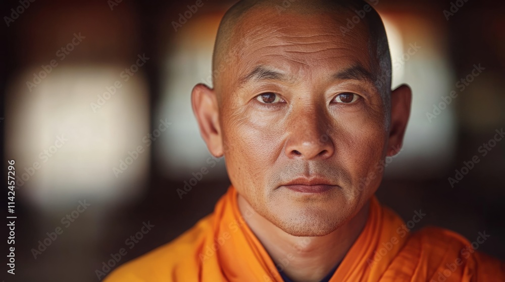 Serene portrait of a bald, Asian man in saffron robes. Serene portrait of a bald, Asian man in saffron robes.