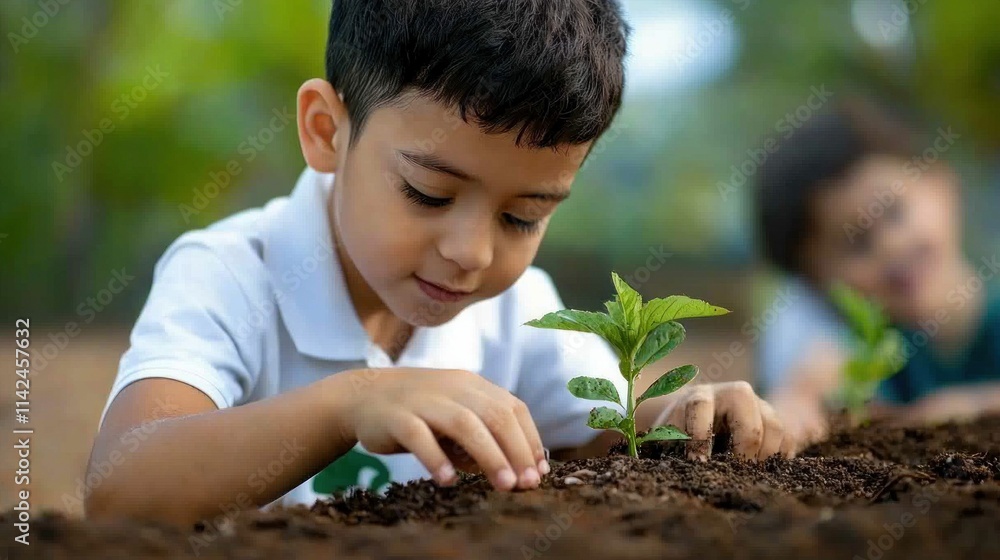 A young child is planting a small green seedling in rich soil, showcasing a connection to nature and the importance of nurturing plants. A young child is planting a small green seedling in rich soil, showcasing a connection to nature and the importance of nurturing plants.