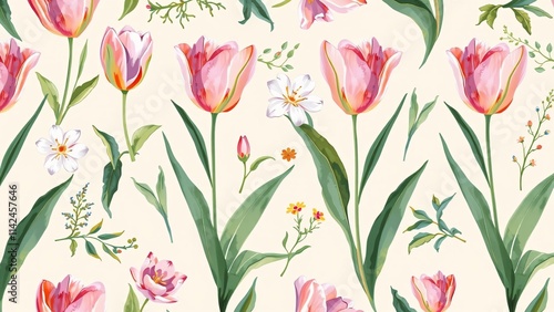 Beautiful Spring Background with Delicate Tulips on a White Background: Elegant Floral Scene in Soft Pastel Colors