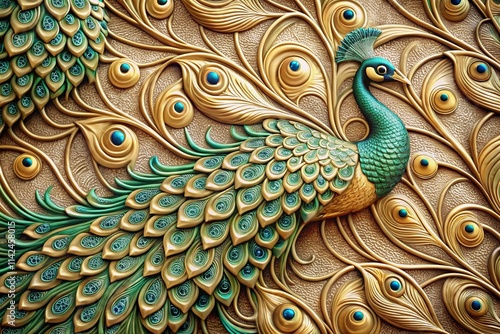 Luxurious embossed peacock feather pattern with intricate details and decorative finish for wallpaper background.