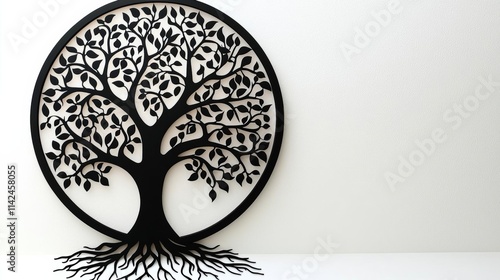 Black tree of life spreading roots and branches , isolated on white background,  , copy space, copy space for text,