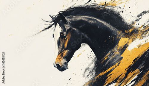 Beautiful horse head in a dynamic pose with elegant brush strokes photo