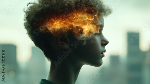 A profile of a child with a fiery explosion emerging from their head, set against a city skyline, symbolizing creativity, chaos, or inner turmoil.