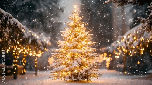 A front view of a snow-dusted Christmas tree with glowing white lights and sparkling tinsel, radiating festive joy