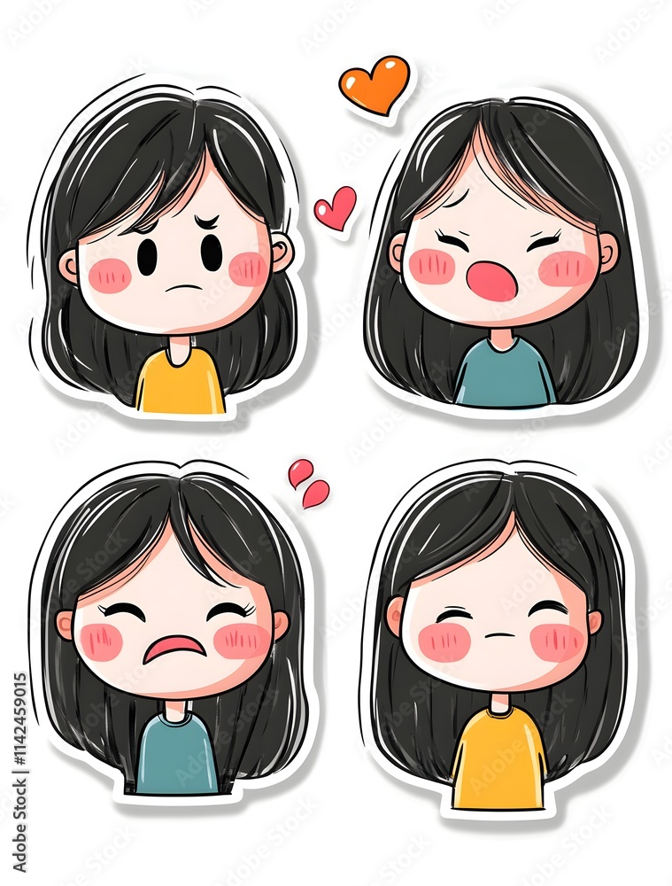 Girl Stickers Showing Different Facial Expressions Girl Stickers Showing Different Facial Expressions