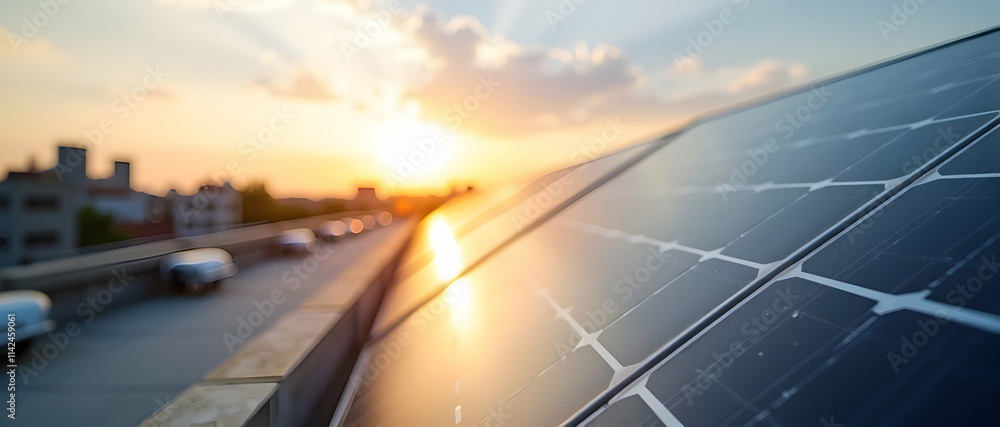 Golden hour sunset casts a warm glow on city rooftop solar panels, harnessing clean energy. A future of sustainable power. Golden hour sunset casts a warm glow on city rooftop solar panels, harnessing clean energy. A future of sustainable power.