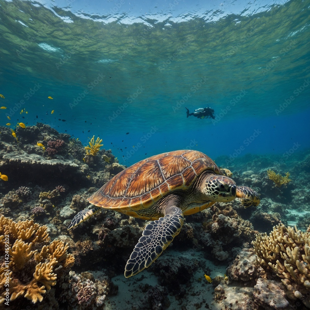 Obraz premium A vibrant reef scene with a sea turtle swimming gracefully among coral.
