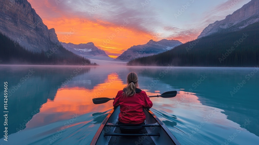 Woman paddling in canoe in Mirror Lake at sunrise Woman paddling in canoe in Mirror Lake at sunrise