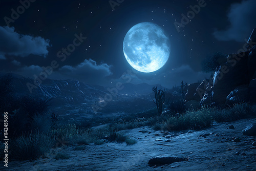 Desert night scene, full moon over mountains, starry sky, path, landscape design.