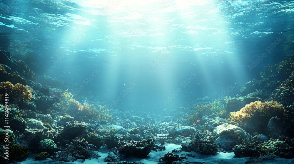 Bright blue ocean surface seen from underwater. Beams of sunlight shining through. 3d rendering - illustration. , isolated on white background, , copy space, copy space for text, Bright blue ocean surface seen from underwater. Beams of sunlight shining through. 3d rendering - illustration. , isolated on white background, , copy space, copy space for text,