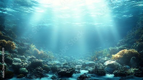 Bright blue ocean surface seen from underwater. Beams of sunlight shining through. 3d rendering - illustration. , isolated on white background, , copy space, copy space for text,