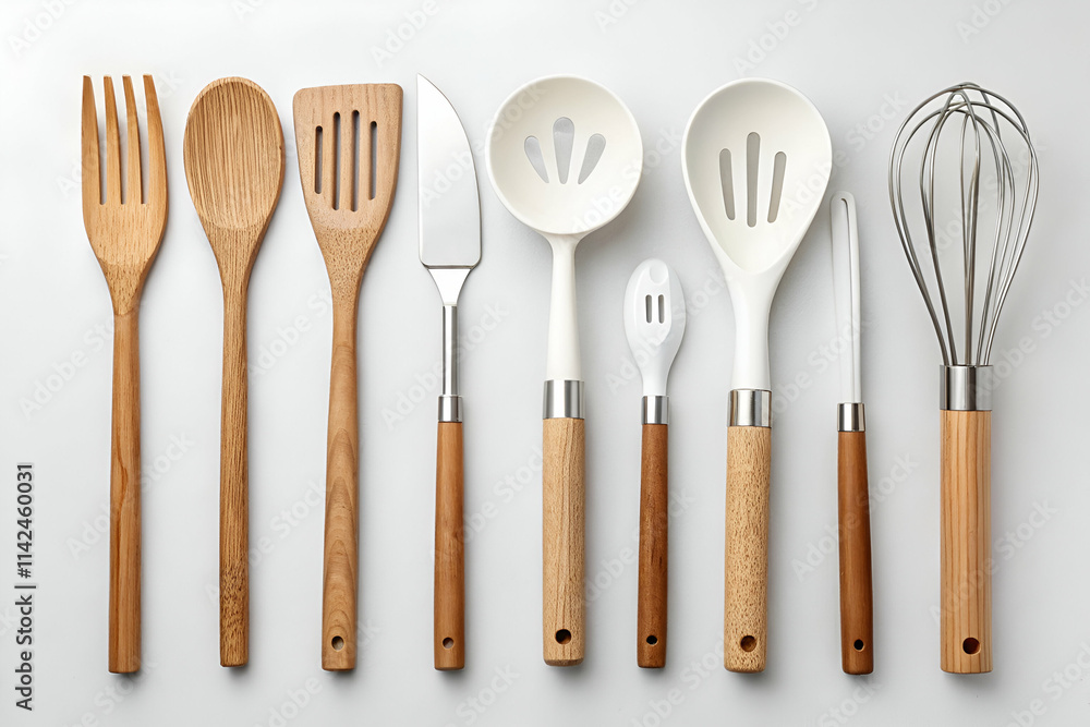 A collection of kitchen utensils featuring various wooden and silicone tools arranged neatly on a light background.
