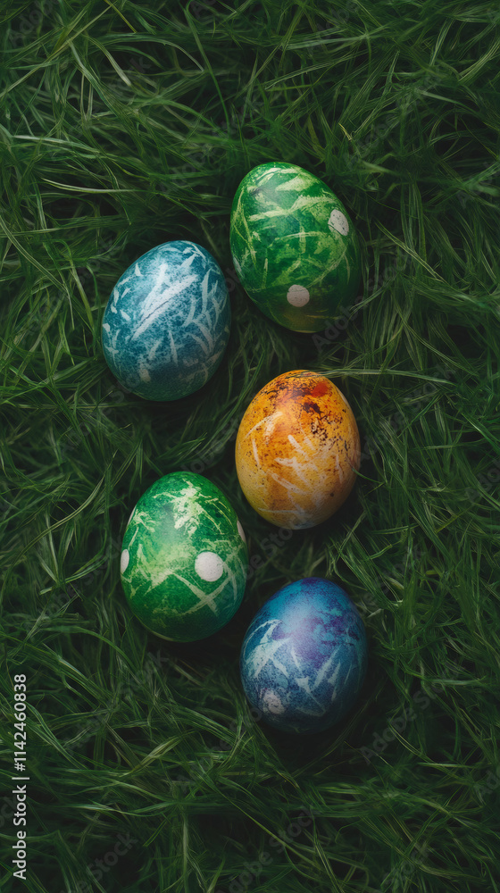 Colorful easter eggs resting in lush green grass, welcoming the season of spring and the happiness of easter Colorful easter eggs resting in lush green grass, welcoming the season of spring and the happiness of easter