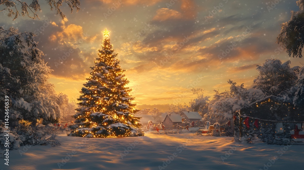 A front view of a snow-dusted Christmas tree glowing softly under a golden twilight sky, surrounded by festive decorations A front view of a snow-dusted Christmas tree glowing softly under a golden twilight sky, surrounded by festive decorations