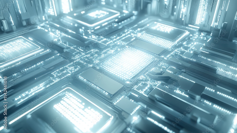 A 3D-rendered microchip with radiant connections that glow in soft blue and white, set against a sleek metallic background A 3D-rendered microchip with radiant connections that glow in soft blue and white, set against a sleek metallic background