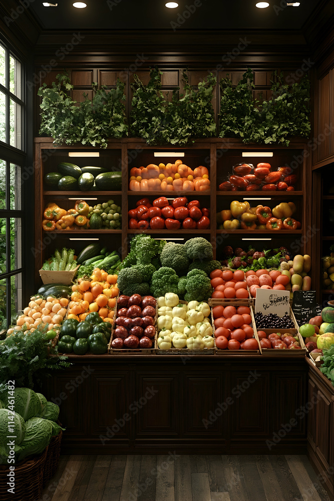 Fototapeta premium Fresh Produce Market Display Abundant Vegetables & Fruits, Wooden Shelves, Green Background, Food Advertising.
