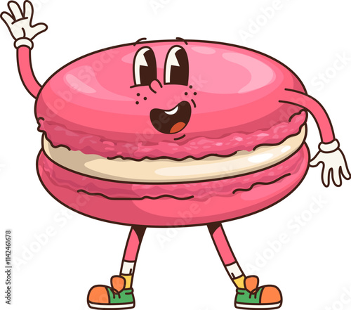 Retro groovy macaroon character. Cartoon vector pink sweet macaron dessert personage waving hand. Isolated vector cheerful confectionery for kids cafe menu. Cute french pastry bakery or patisserie