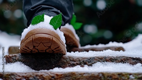 Winter Walk: Close-up view of brown boots with snow and green leaves on them walking on snow-covered stones. A hint of spring amidst winter's chill.  photo