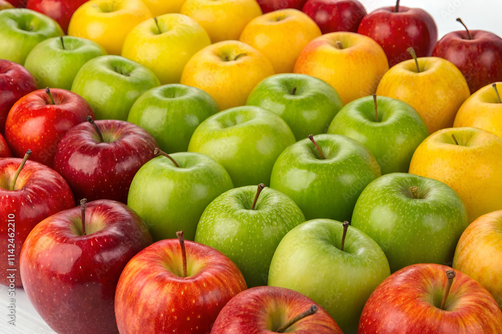 A vibrant array of apples in various colors, including red, green, yellow, and orange, neatly arranged in rows, showcasing their freshness and variety. A vibrant array of apples in various colors, including red, green, yellow, and orange, neatly arranged in rows, showcasing their freshness and variety.