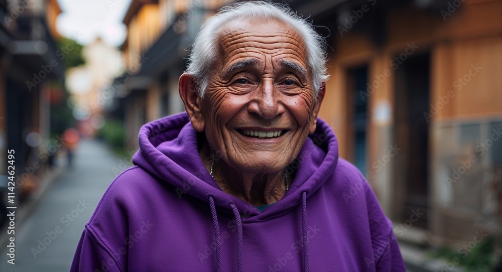 Fototapeta premium Hispanic elderly man happy wearing purple hoodie looking on camera