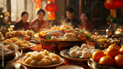 Cheerful family around a vibrant Chinese New Year dinner table with traditional food, rich decorations, and a festive indoor setting photo